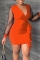 Tangerine Red Casual Solid Patchwork Flounce V Neck One Step Skirt Dresses