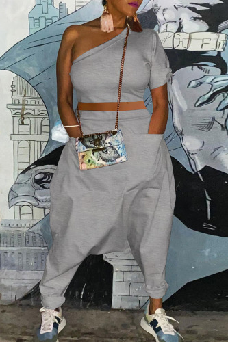 Grey Casual Street Solid Patchwork Oblique Collar Short Sleeve Two Pieces