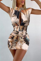 Khaki Fashion Sexy Print Hollowed Out Fold Turtleneck Denim Dress