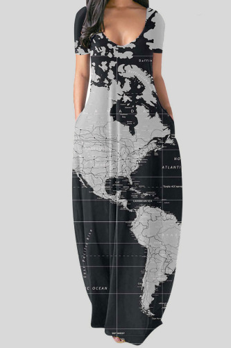 Black Gray Casual Print Patchwork V Neck Straight Dresses