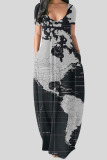 Yellow Grey Casual Print Patchwork V Neck Straight Dresses