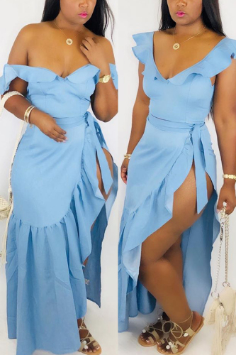 Light Blue Sexy V-neck Shoulder Height Split Irregular Suit
