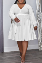 White Casual Solid Patchwork V Neck Long Sleeve Plus Size Dresses