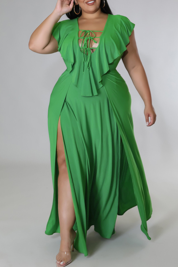 Green Fashion Casual Plus Size Solid Hollowed Out Slit V Neck Long Dress