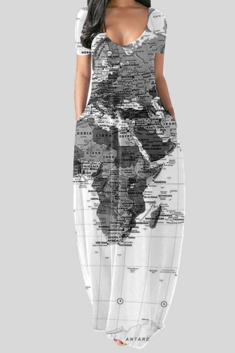 Grey Casual Print Patchwork V Neck Straight Dresses