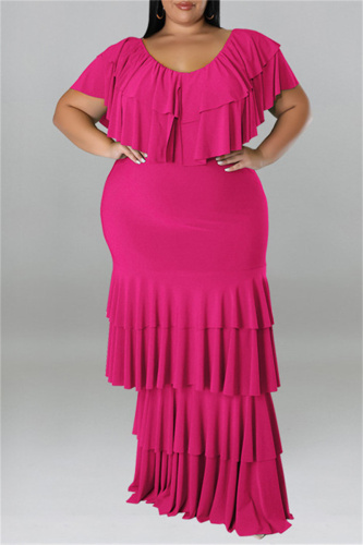 Red Fashion Casual Plus Size Solid Patchwork O Neck Short Sleeve Dress