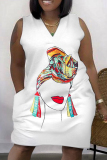 White Brown Fashion Casual Print Patchwork V Neck Sleeveless Plus Size Dress