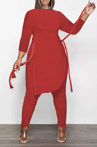 Red Casual Solid Draw String O Neck Long Sleeve Two Pieces