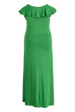 Green Fashion Casual Plus Size Solid Hollowed Out Slit V Neck Long Dress