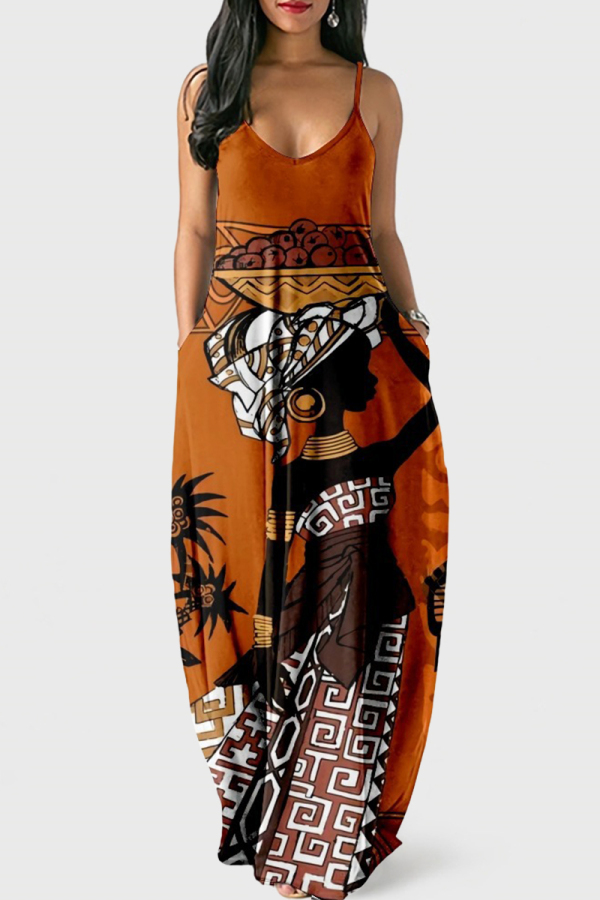 Orange Red Sexy Graphic Print Floor Length Backless Sleeveless African Style Loose Cami Maxi Dress