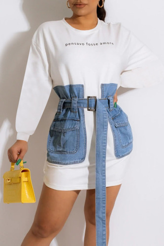 White Casual Street Print Patchwork With Belt O Neck Straight Dresses