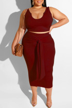 Burgundy Casual Solid Bandage Patchwork U Neck Plus Size Two Pieces