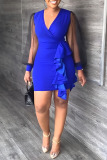 Blue Casual Solid Patchwork Flounce V Neck One Step Skirt Dresses