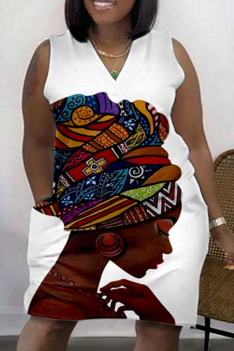 White Brown Fashion Casual Print Patchwork V Neck Sleeveless Plus Size Dress