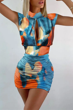Blue Fashion Sexy Print Hollowed Out Fold Turtleneck Denim Dress
