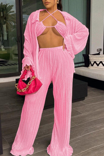 Pink Sexy Solid Patchwork Fold Long Sleeve Three Pieces