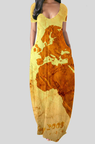 Yellow Casual Print Patchwork V Neck Straight Dresses