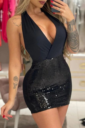 Black Fashion Sexy Solid Sequins Patchwork Backless Halter Sleeveless Dress