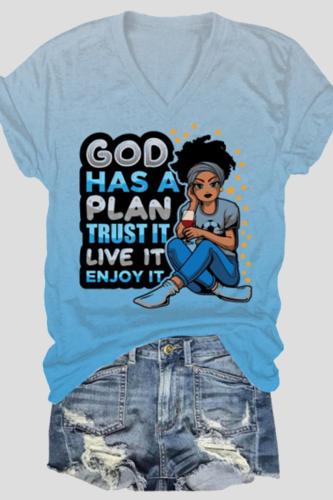 Light Blue Fashion Casual Gradual Change Print Basic V Neck T-Shirts