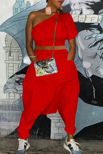 Red Casual Street Solid Patchwork Oblique Collar Short Sleeve Two Pieces