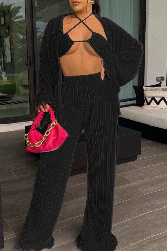 Black Sexy Solid Patchwork Fold Long Sleeve Three Pieces