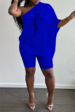 Royal Blue Fashion Casual Print Backless Oblique Collar Short Sleeve Two Pieces