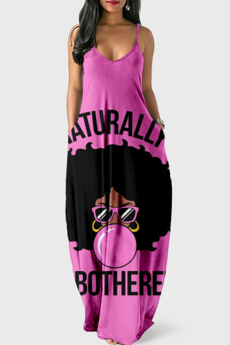 Rose Red Sexy Graphic Print Floor Length Backless Sleeveless African Style Loose Cami Maxi Dress