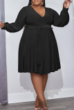 Cyan Casual Solid Patchwork V Neck Long Sleeve Plus Size Dresses