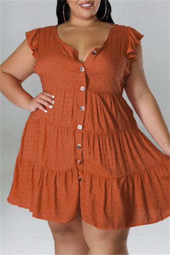 Coffee Fashion Casual Plus Size Solid Patchwork V Neck Sleeveless Dress