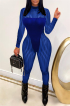 Blue Fashion Sexy Striped Patchwork See-through Half A Turtleneck Skinny Jumpsuits