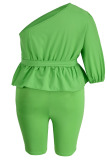 Green Fashion Casual Solid Backless Oblique Collar Plus Size Two Pieces