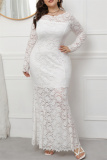 White Fashion Sexy Solid Patchwork See-through O Neck Long Sleeve Plus Size Dresses