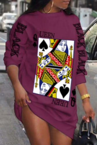 Purple Fashion Casual Print Basic O Neck Long Sleeve Plus Size Dresses