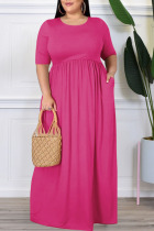 Rose Red Casual Solid Patchwork O Neck Straight Plus Size Dresses