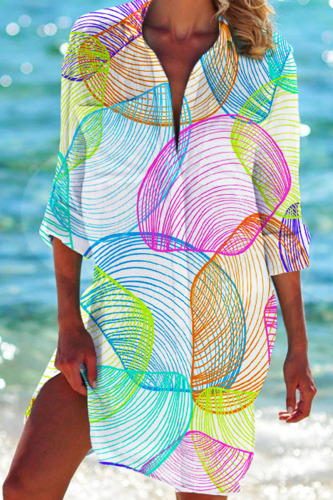 Multi-color Casual Print Patchwork Buckle Turndown Collar Tops
