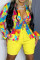 Yellow Fashion Casual Print Patchwork Turndown Collar Plus Size Two Pieces
