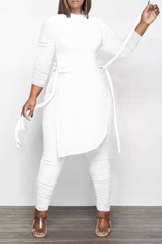 White Casual Solid Draw String O Neck Long Sleeve Two Pieces
