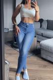 Deep Blue Fashion Casual Solid Ripped Patchwork High Waist Skinny Denim Jeans