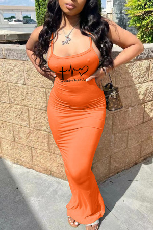 Orange Sexy Print Patchwork Spaghetti Strap One Step Skirt Dresses