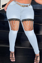 Light Blue Fashion Casual Patchwork Ripped Hollowed Out Chains High Waist Skinny Denim Jeans