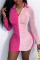 Rose Red Fashion Casual Solid Patchwork Contrast Turndown Collar Long Sleeve Dresses