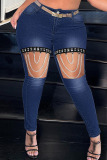 Light Blue Fashion Casual Patchwork Ripped Hollowed Out Chains High Waist Skinny Denim Jeans