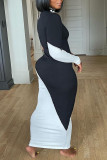 Black White Fashion Casual Solid Patchwork Asymmetrical O Neck Long Sleeve Dresses