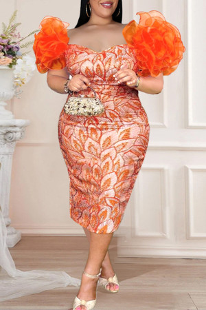 Orange Fashion Sexy Plus Size Print Patchwork Off the Shoulder Evening Dress