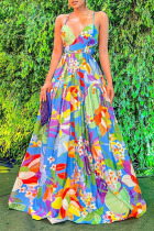 Blue Sexy Vacation Print Patchwork Backless Spaghetti Strap Long Dress Dresses