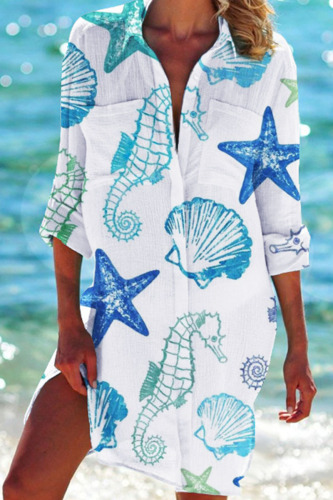 White Casual Print Patchwork Buckle Turndown Collar Tops