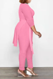 Pink Casual Solid Draw String O Neck Long Sleeve Two Pieces