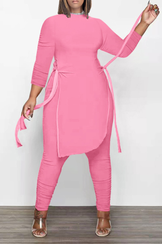 Pink Casual Solid Draw String O Neck Long Sleeve Two Pieces