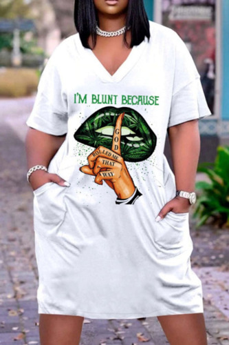 White Green Casual Print Patchwork V Neck Straight Dresses