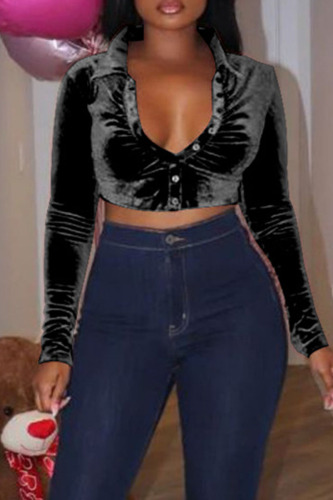 Black Sexy Solid Patchwork Buckle Turndown Collar Tops